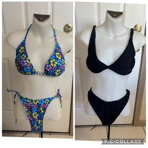 Lot of 2 Romwe large solid black, multicolored floral bikini sets.  In EUC!